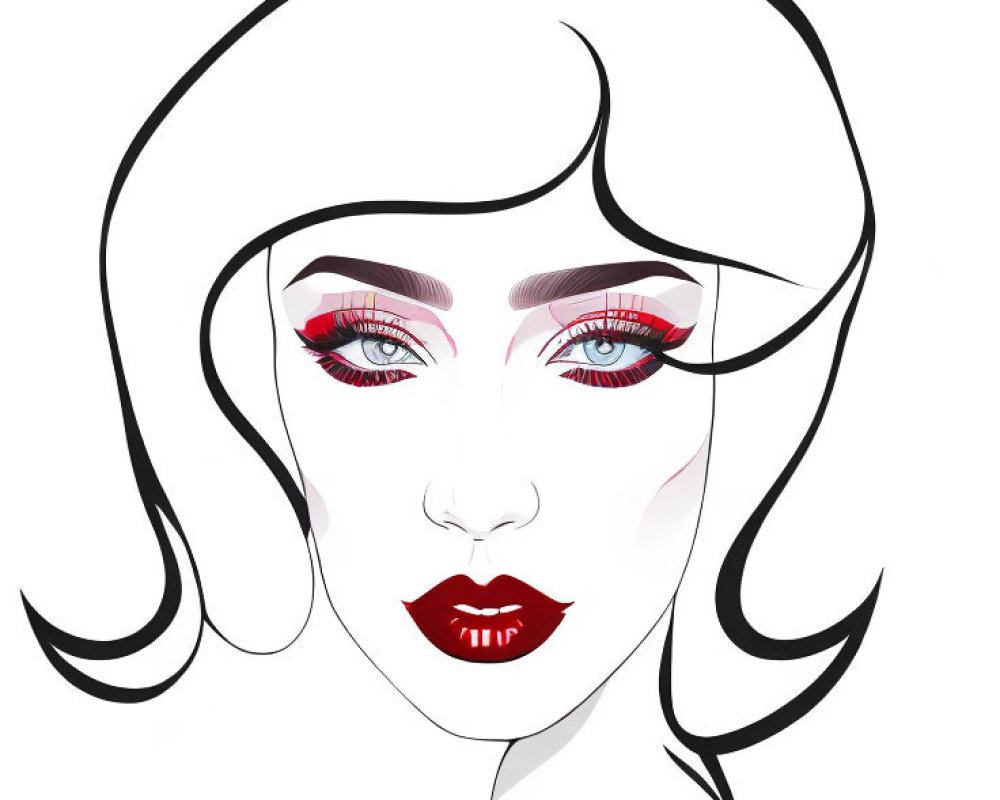 Stylized female face with bold red lips and black bob hairstyle