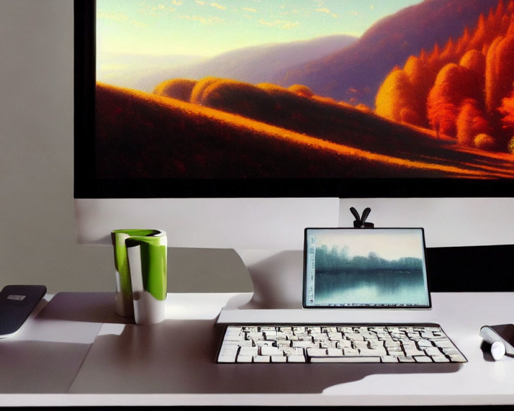 Contemporary workspace with large monitor, landscape wallpaper, laptop, keyboard, mouse, and mug on desk