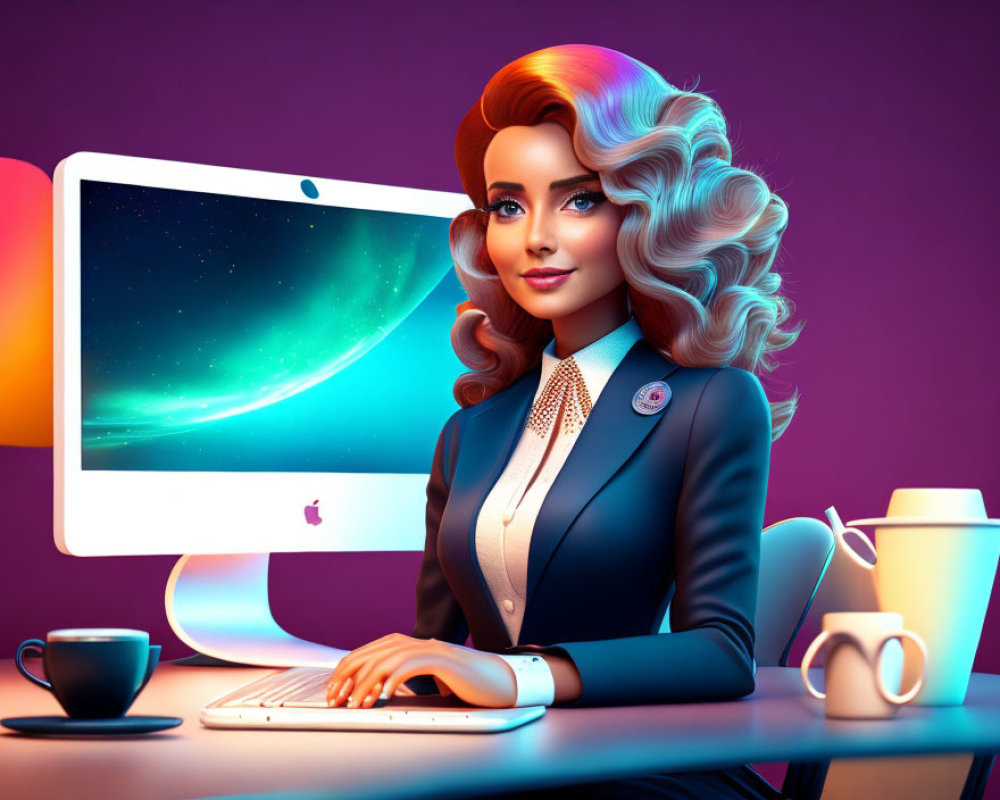 Stylized 3D illustration of woman at desk with iMac, keyboard, and coffee on