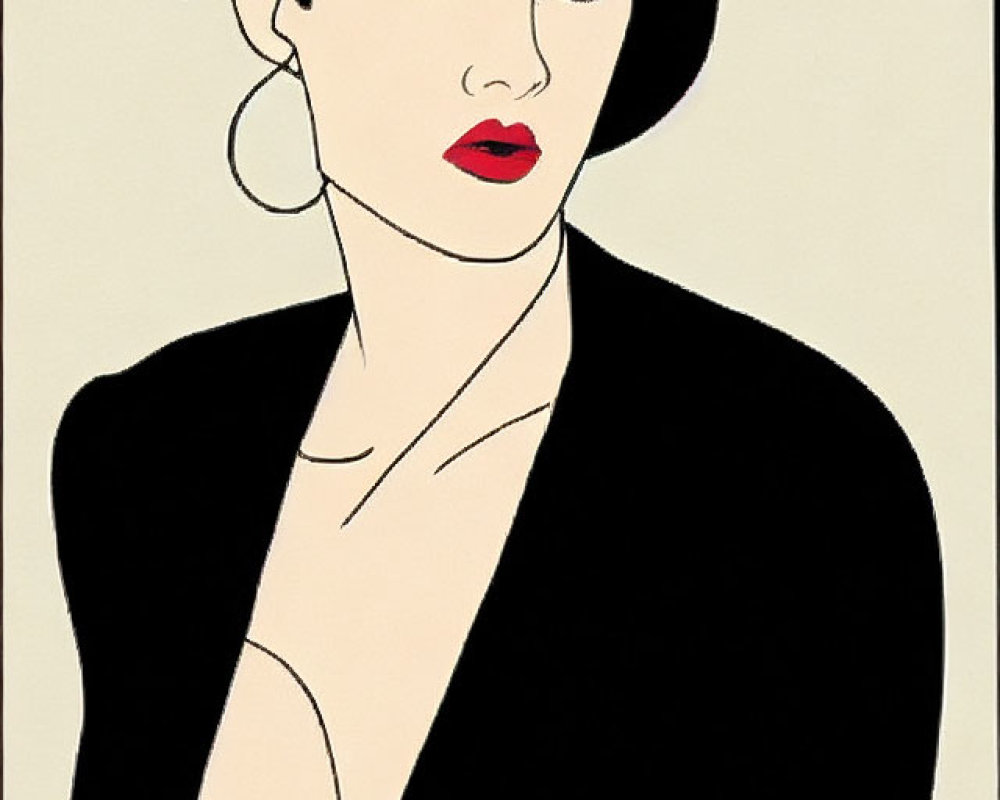 Illustration of woman with bold hairstyle, red lipstick, earrings, and black outfit