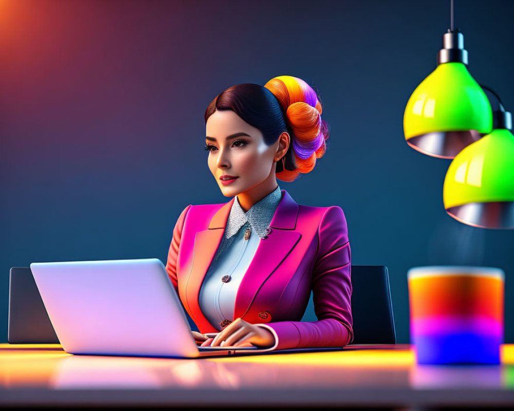 Colorful Hair Woman Working on Laptop in Stylized Digital Illustration