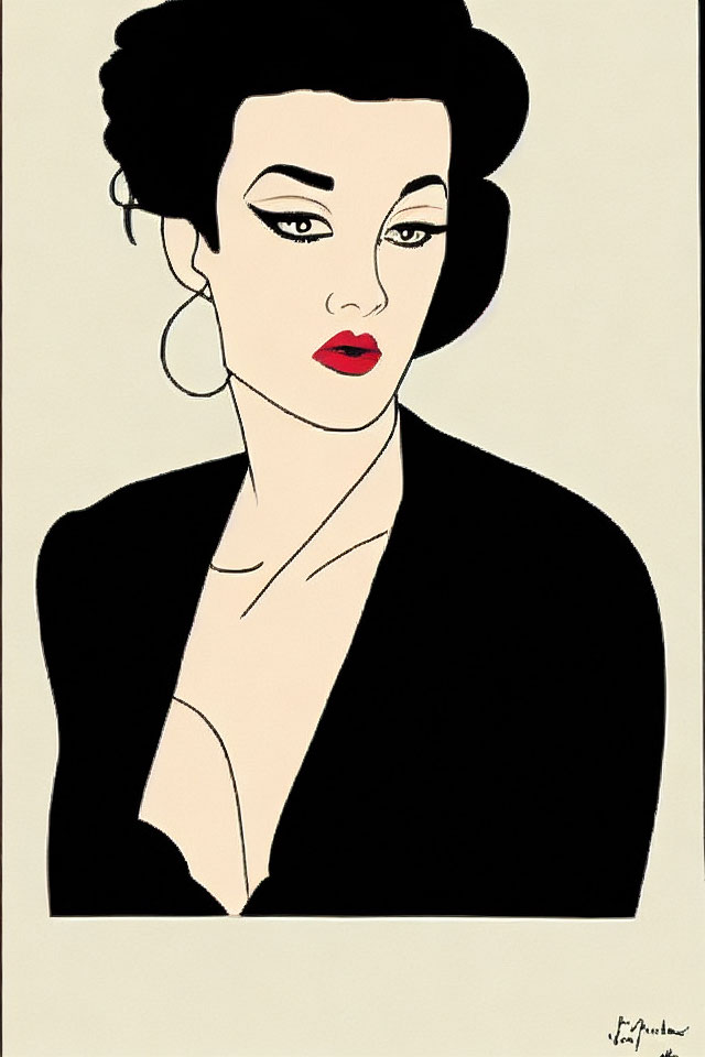 Illustration of woman with bold hairstyle, red lipstick, earrings, and black outfit