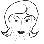 Stylized female face with bold red lips and black bob hairstyle