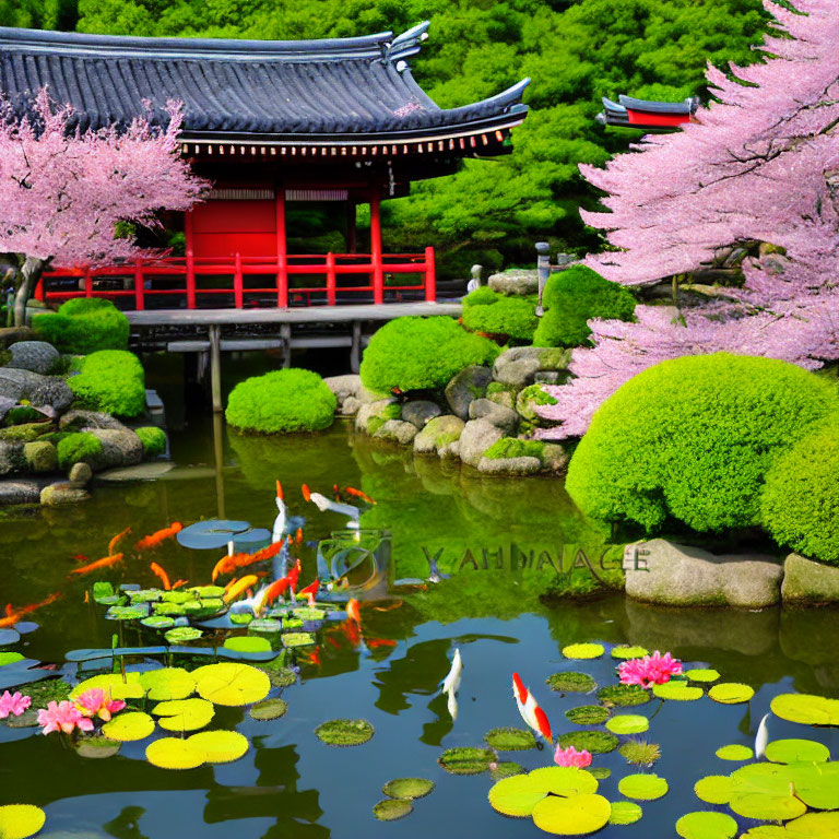 Colorful koi fish in pond with cherry blossoms, greenery, and red bridge