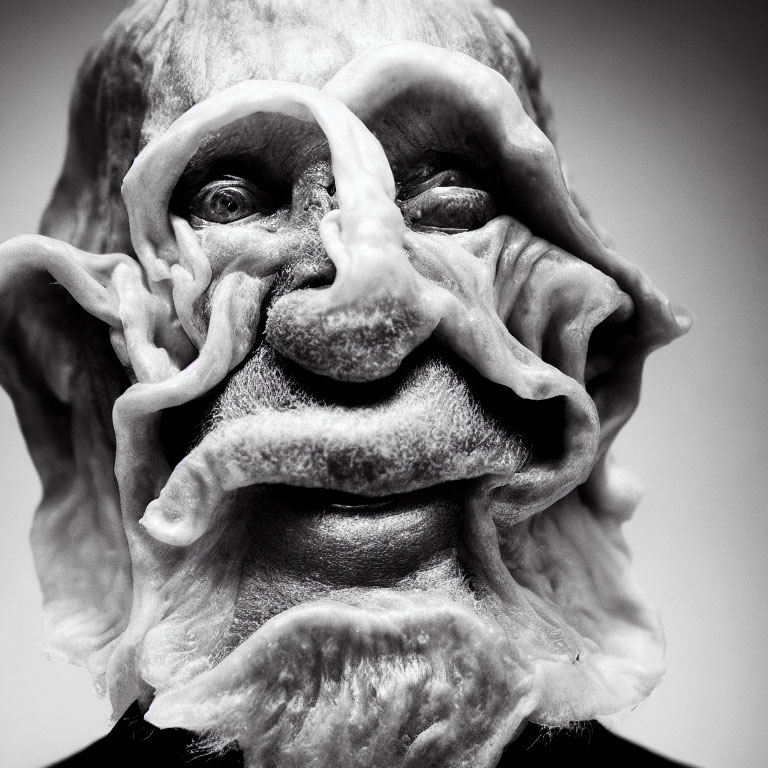 Monochrome photo of person in exaggerated, grotesque mask