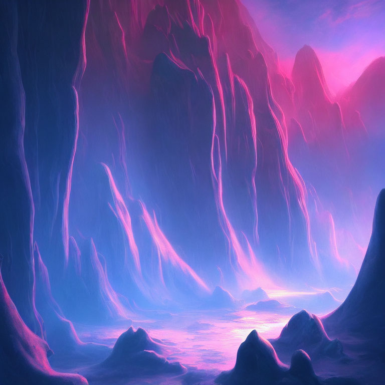 Surreal Landscape with Purple and Pink Hues and Rock Formations