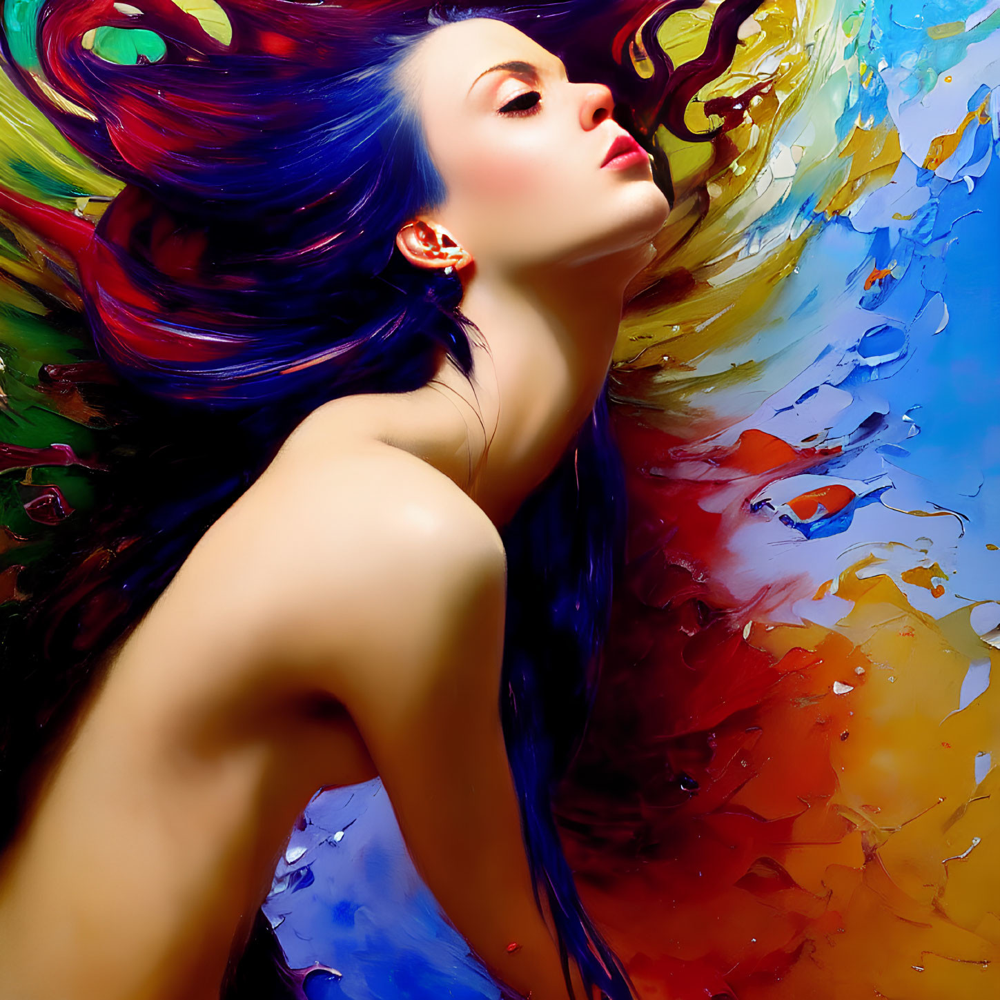 Serene woman with flowing hair in colorful abstract background
