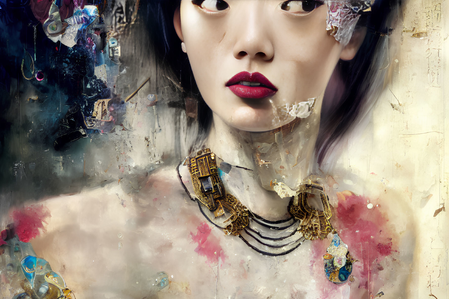 Detailed woman portrait with red lips, intricate necklace, abstract textures.