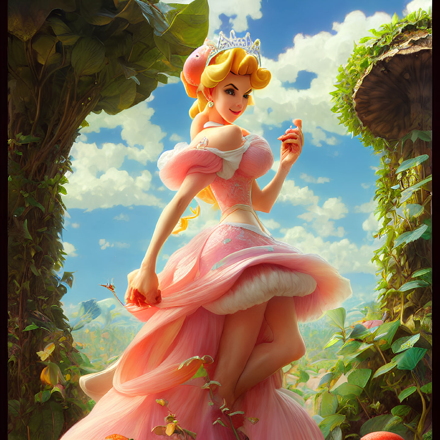Princess in Pink Gown and Tiara in Lush Forest
