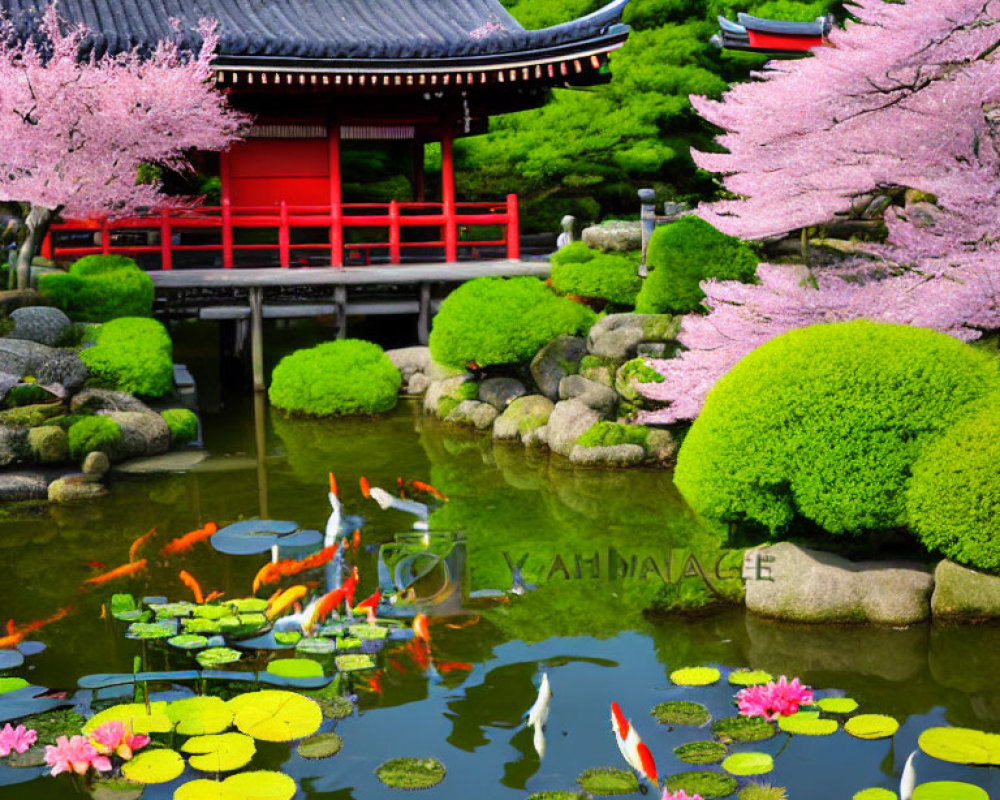 Colorful koi fish in pond with cherry blossoms, greenery, and red bridge