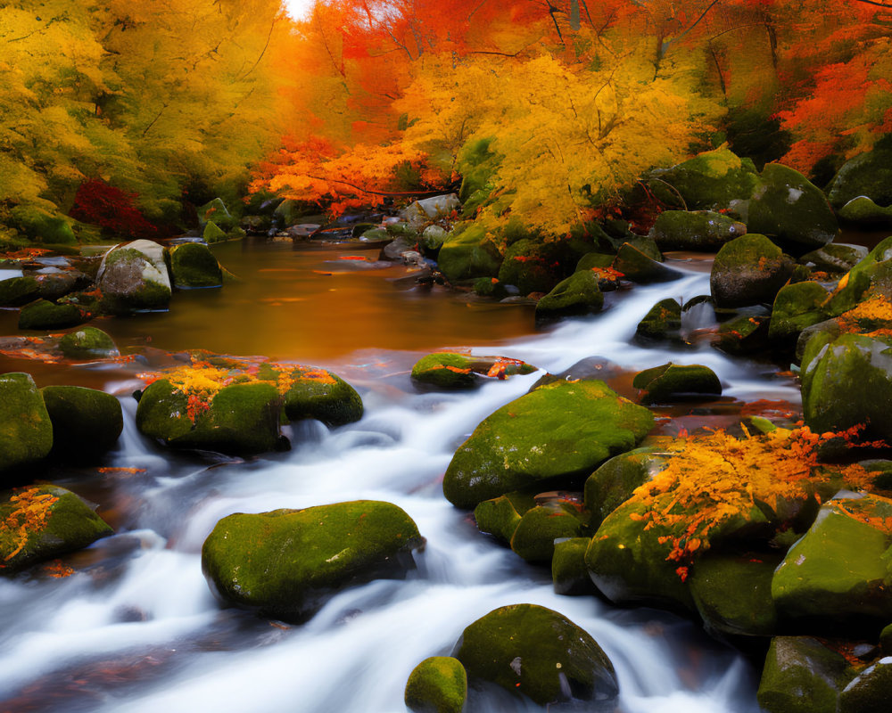Tranquil autumn river with vibrant foliage and moss-covered rocks