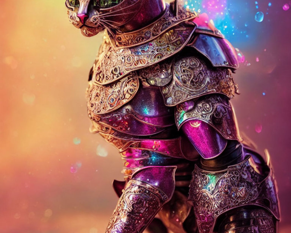 Colorful Armored Feline Figure in Intricate Metallic Designs