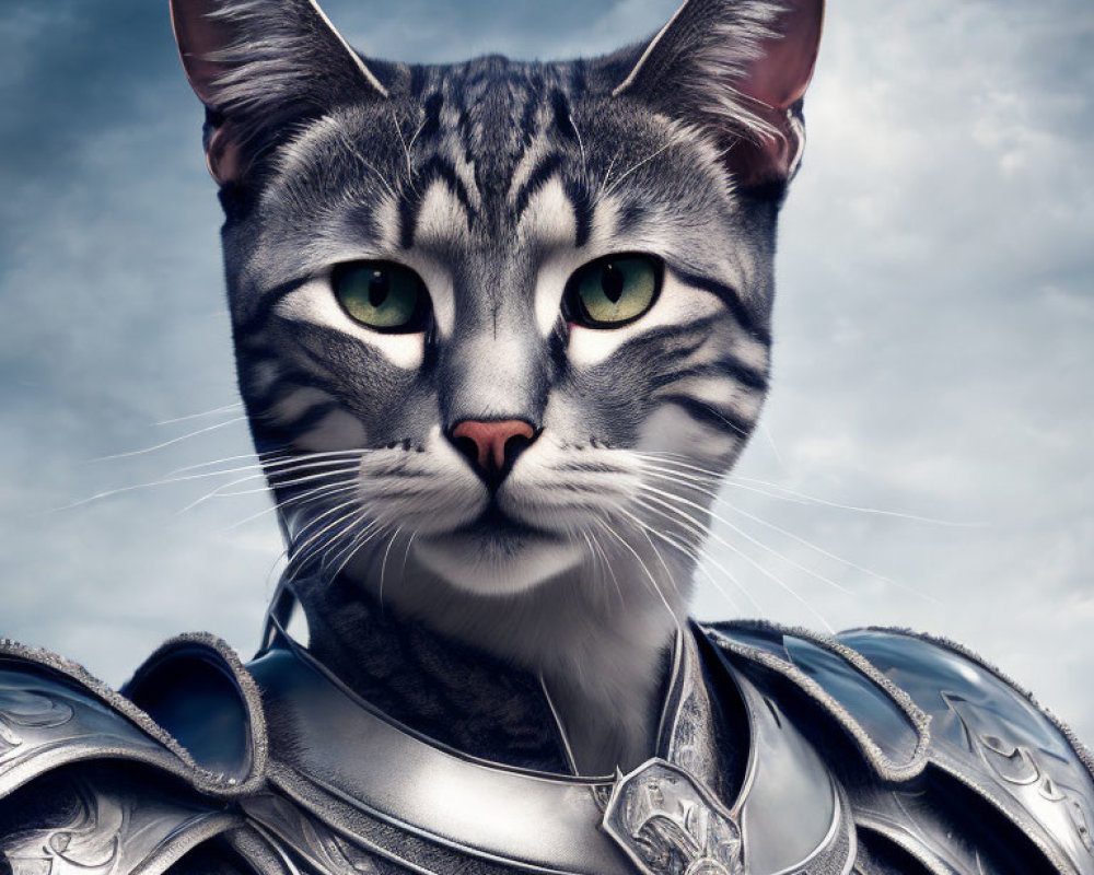 Cat in knight's armor against cloudy sky background