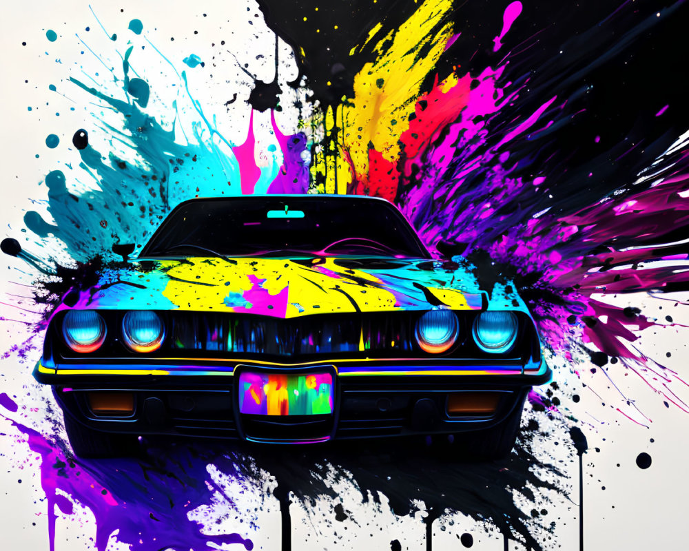 Colorful neon paint splatters on classic car artwork