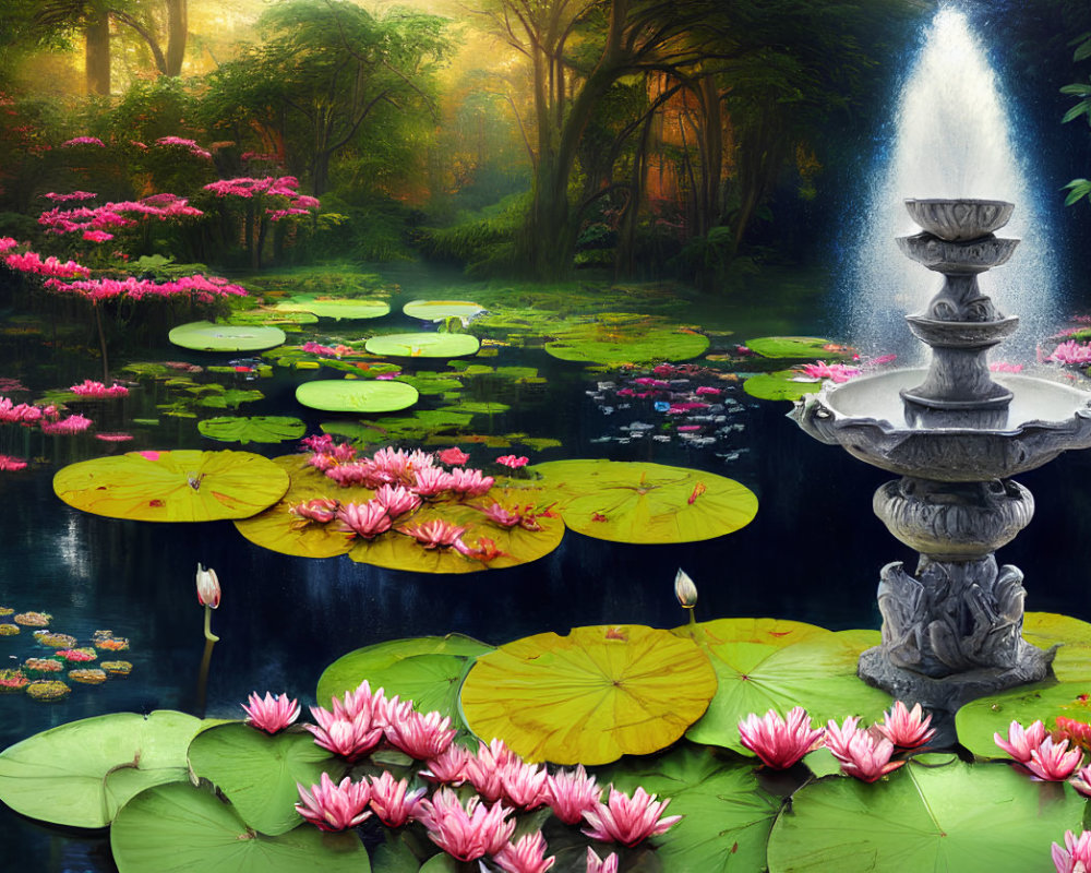 Tranquil pond with water lilies, lotuses, and stone fountain in misty forest