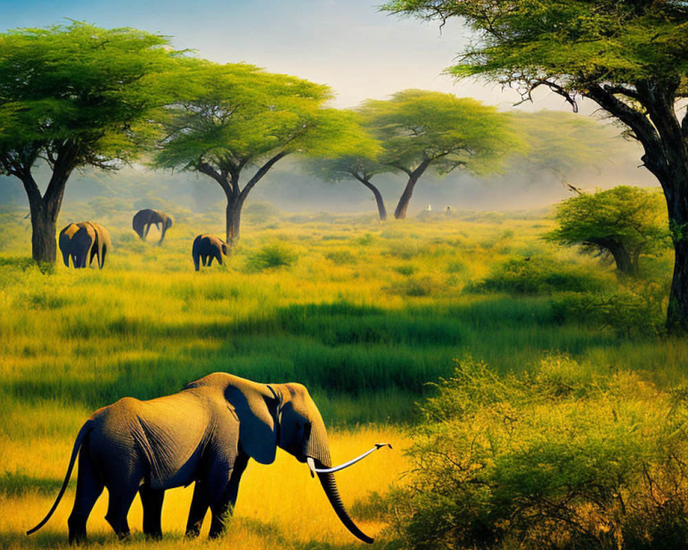 African Savanna Scene: Elephants and Acacia Trees
