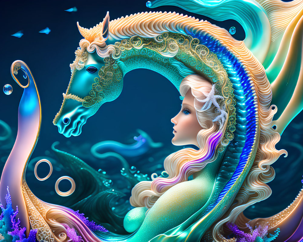 Illustration of woman merging with sea unicorn in surreal underwater scene