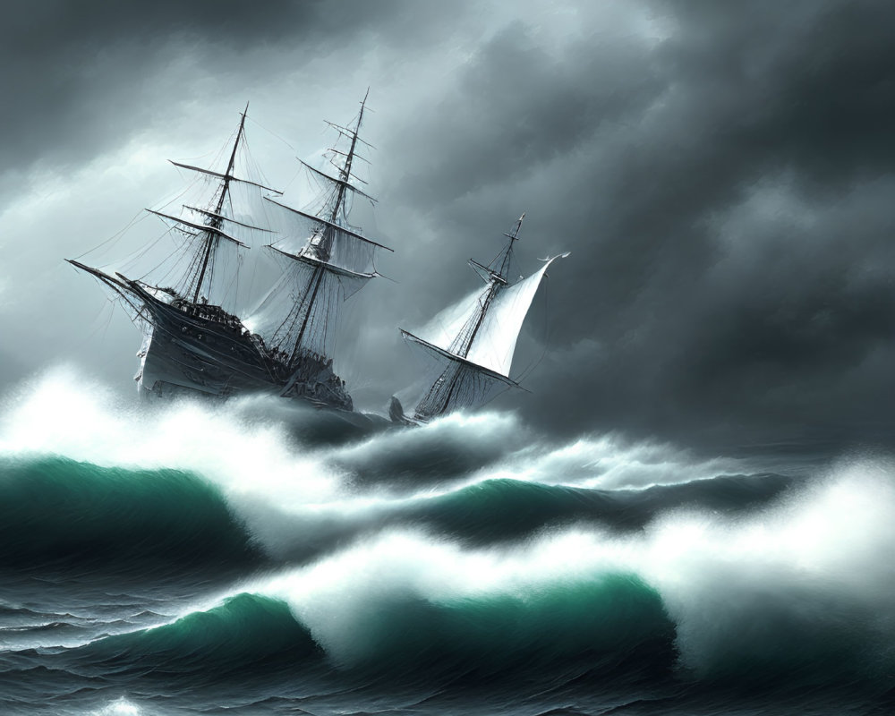 Stormy seas: Two sailing ships in dramatic scene