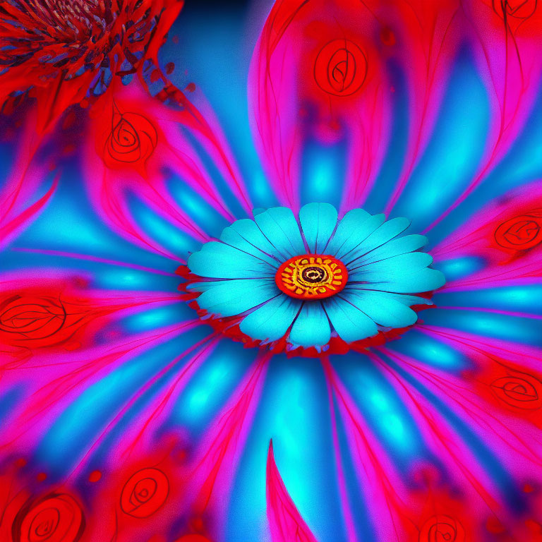 Colorful Abstract Flower with Hot Pink Petals and Fiery Orange Centers on Neon Blue Background