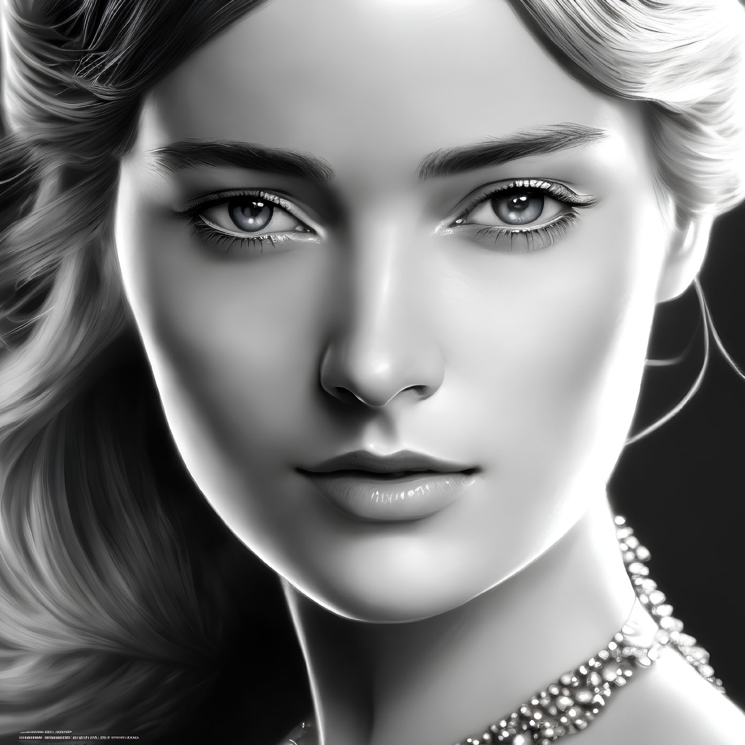 Monochrome portrait of woman with captivating eyes and elegant jewelry