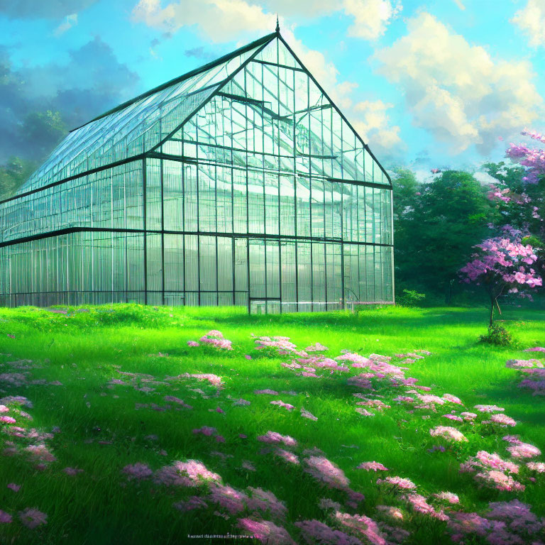 Colorful Flowers and Pink Tree in Glass Greenhouse Setting