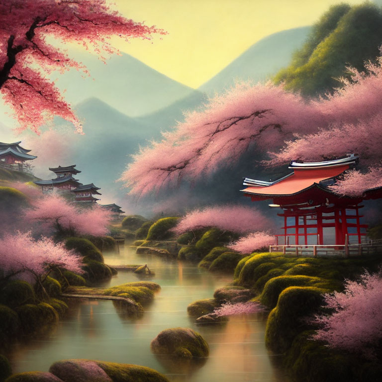 Tranquil Cherry Blossom Landscape with River and Traditional Buildings