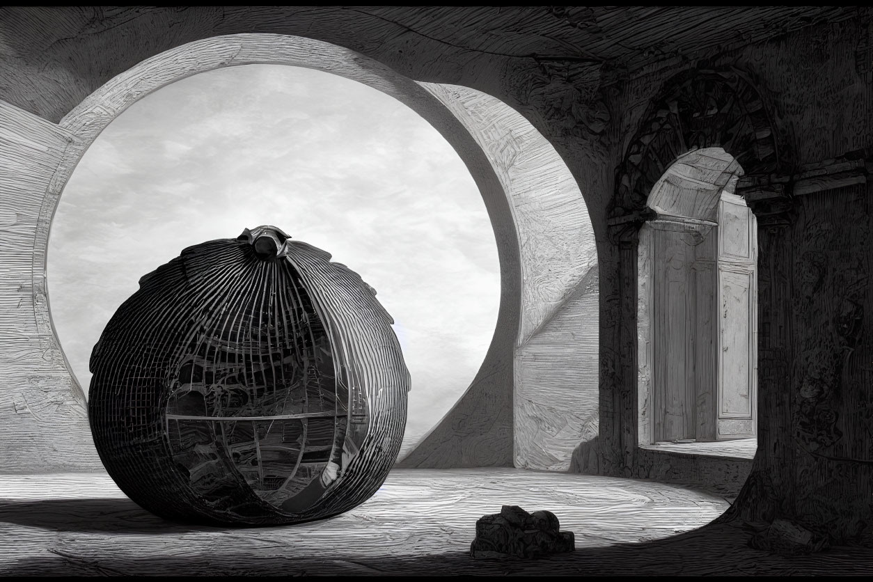 Intricate spherical cage in ancient room with stone arches.