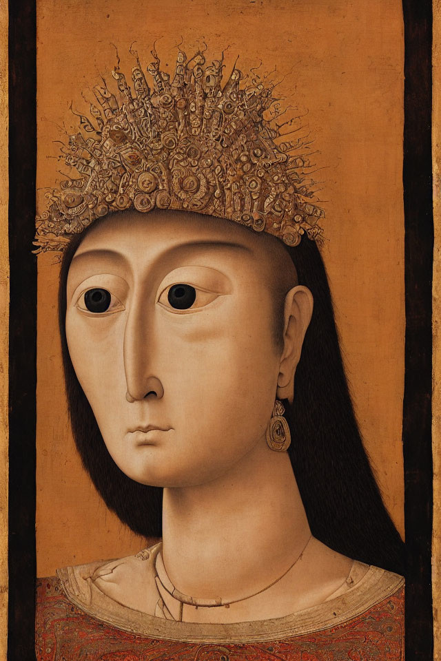 Solemn figure with golden crown and almond-shaped eyes on brown background