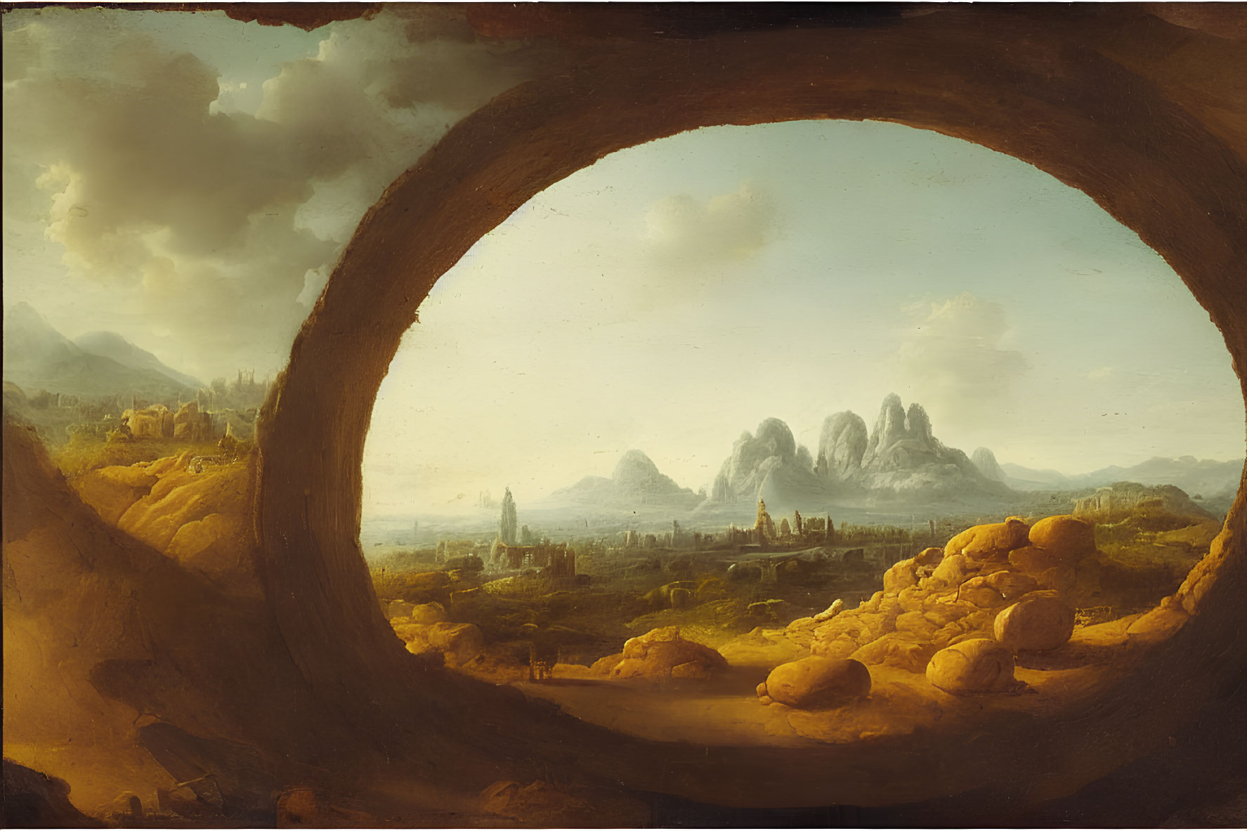 Landscape Painting Framed by Stone Opening: Hills, Town, Mountains, Cloudy Sky