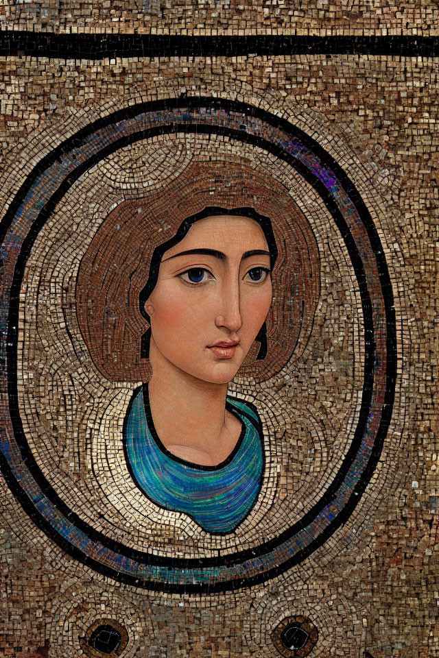 Mosaic portrait of a woman with halo in earth tones and blue necklace