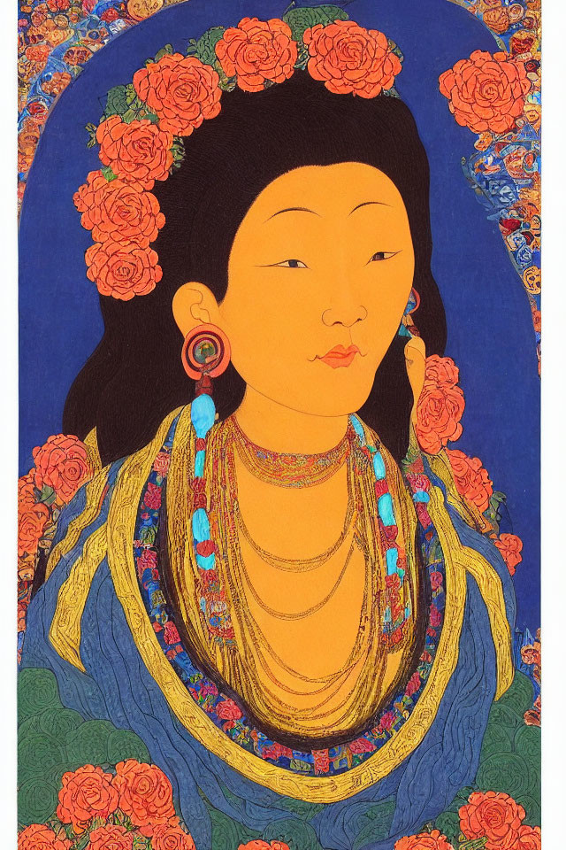 Traditional Style Artwork of Woman in Blue and Red Palette