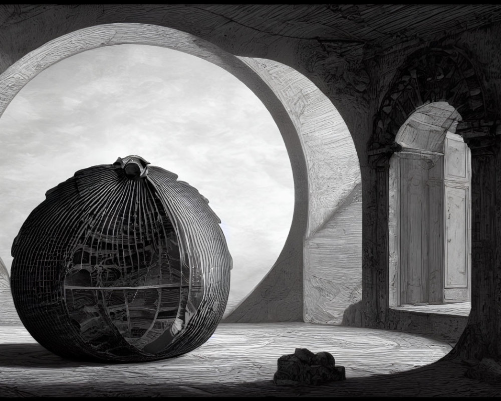 Intricate spherical cage in ancient room with stone arches.