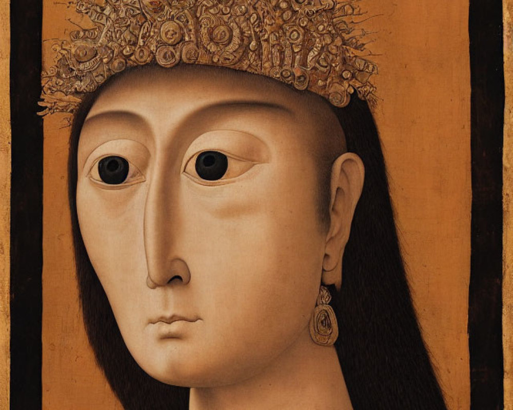 Solemn figure with golden crown and almond-shaped eyes on brown background