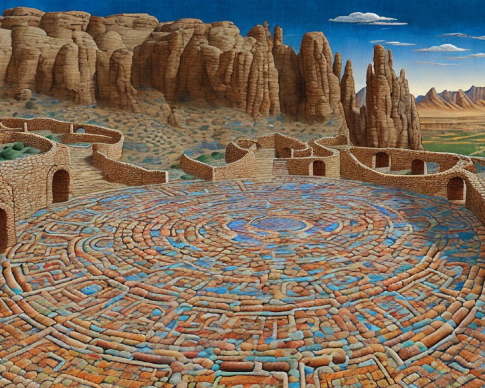 Surreal landscape with stone-like formations and circular brick platform amid towering buttes.