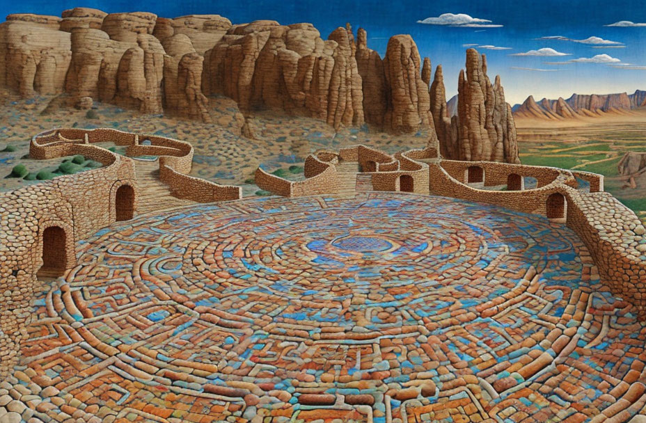 Surreal landscape with stone-like formations and circular brick platform amid towering buttes.