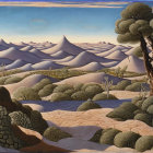 Surreal landscape painting with sand dunes, blue sky, and textured trees.