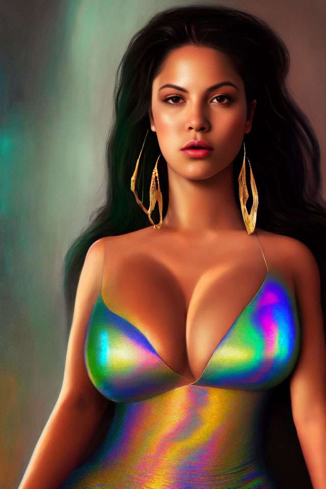 Digital portrait of woman in holographic dress with gold earrings