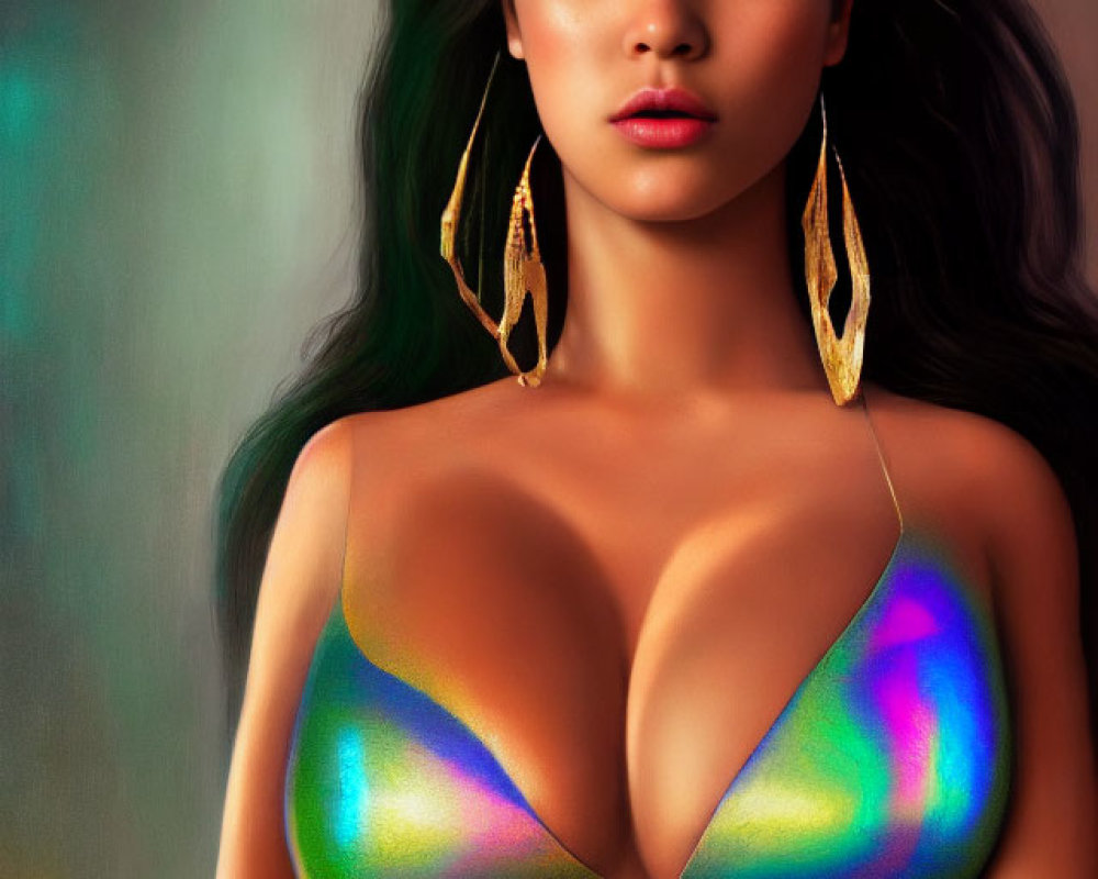 Digital portrait of woman in holographic dress with gold earrings