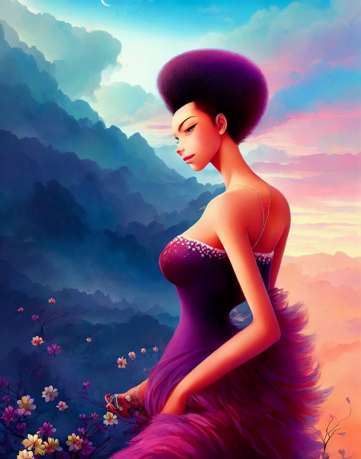 Illustration of woman with voluminous afro in purple dress amid blooming flowers at sunset