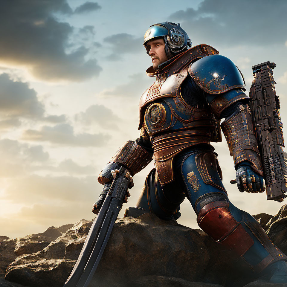 Futuristic knight in ornate armor with sword and gun on rocky terrain