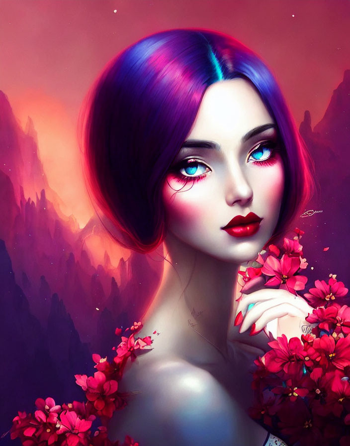 Colorful portrait of woman with multicolored hair and vibrant blue eyes holding red flowers on pinkish