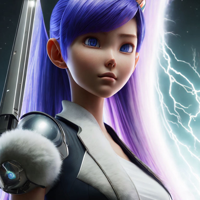 Vibrant blue-haired female character in futuristic armor with lightning backdrop.