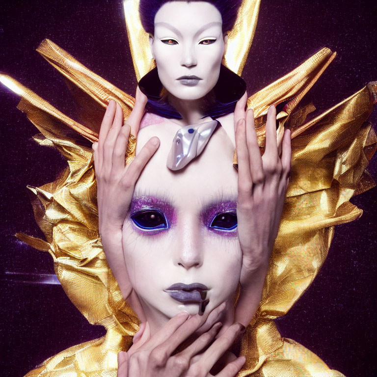 Artistic makeup: one person in white mask and gold attire, another with purple eyes and forehead gem
