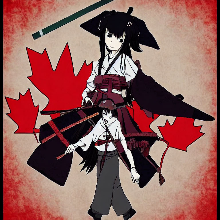 Smiling anime girl in samurai attire with swords among red maple leaves