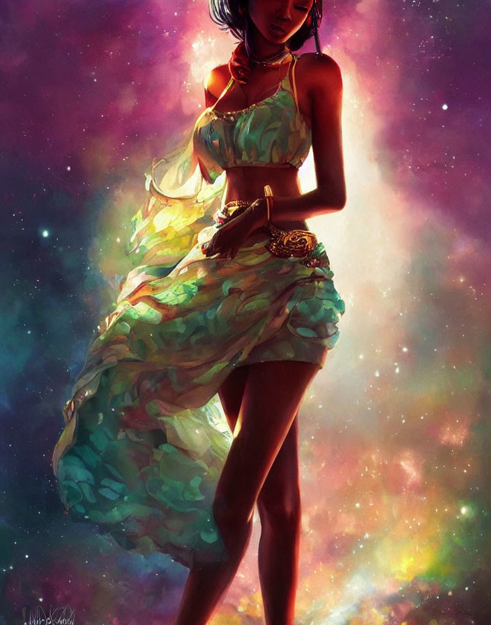 Woman in colorful dress on cosmic background: Dreamy illustration