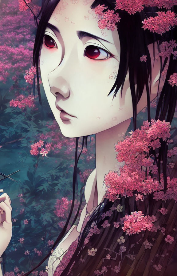 Dark-Haired Female Character with Pink Flowers and Red Eyes in Floral Background