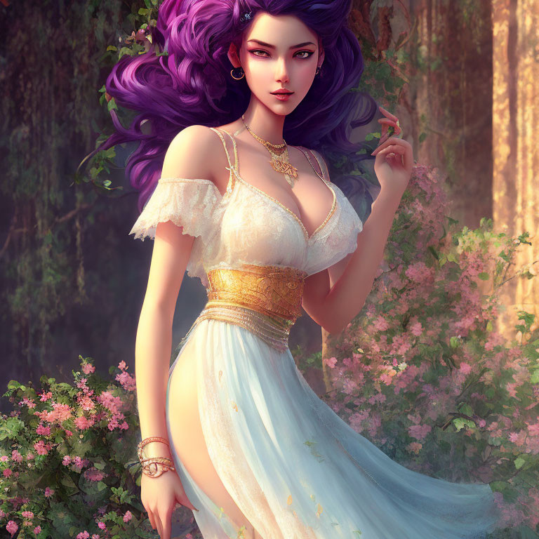 Illustrated woman with purple hair in elegant white and gold dress among blooming flowers