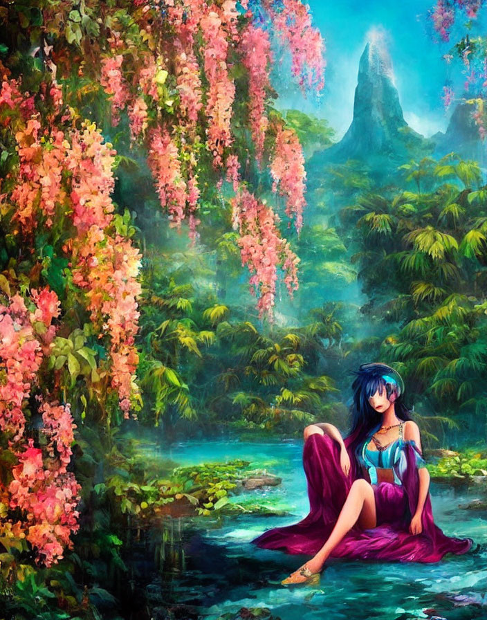 Illustration of woman in purple dress by stream with mountain backdrop