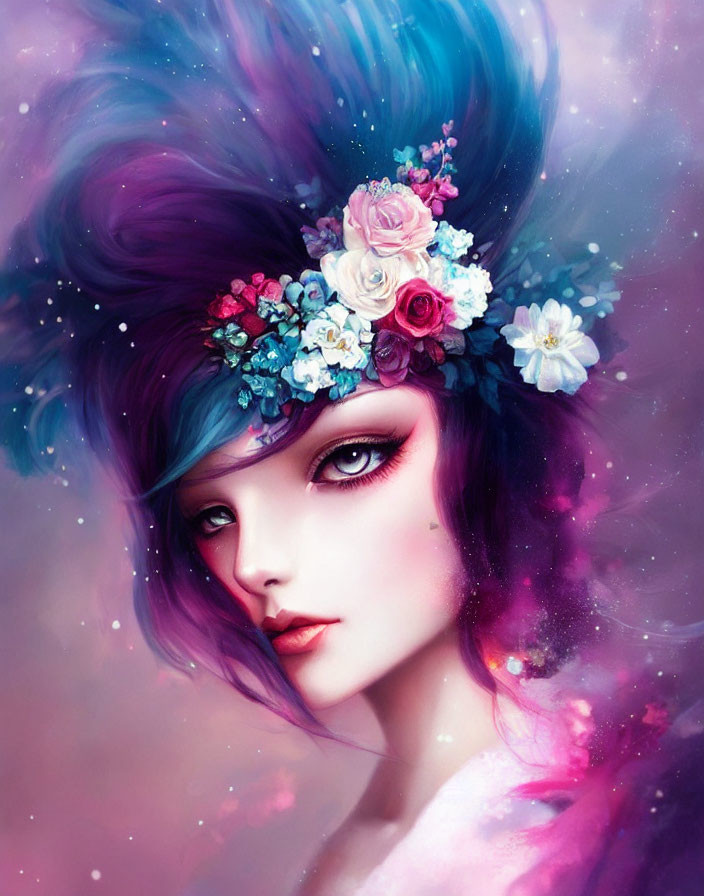 Colorful digital portrait of female figure with purple hair and floral headband in cosmic setting