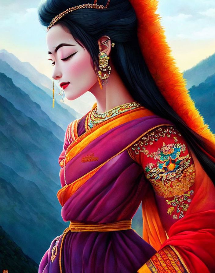 Traditional Attire Woman in Front of Misty Mountains
